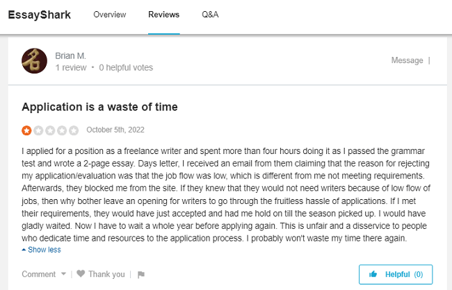 EssayShark review on Trustpilot